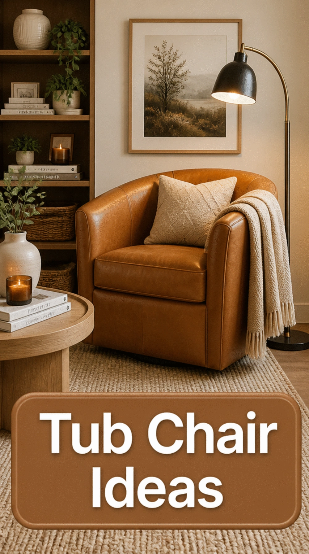 Living Room Tub Chair in Caramel Leather Next to a Floor Lamp