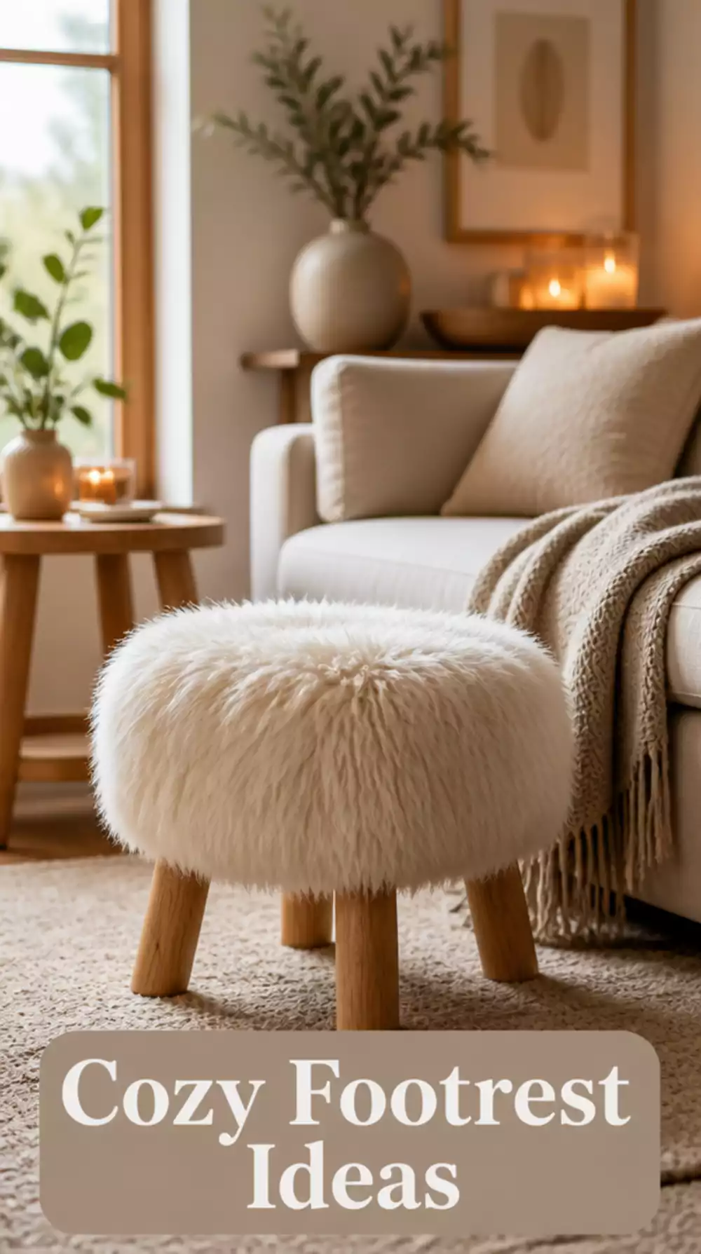 Scandinavian Living Room Sheepskin Accent Stool as a Footrest