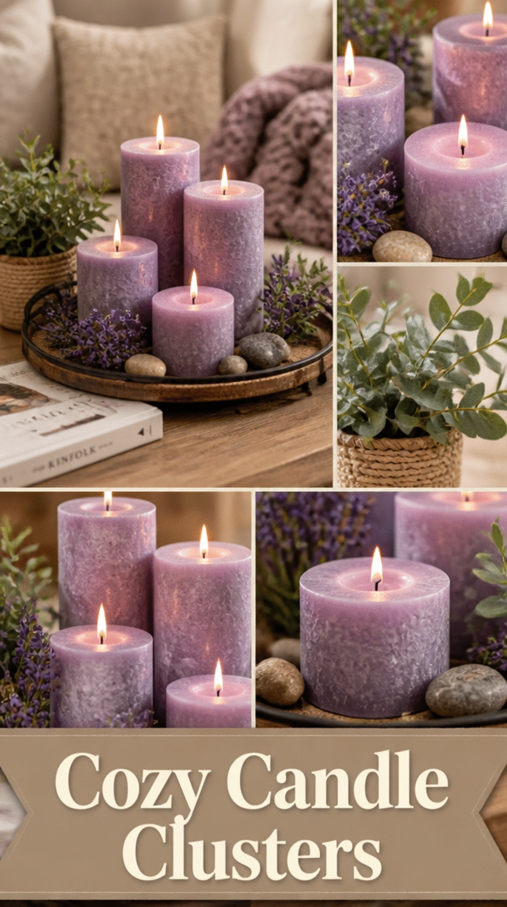 Living Room Pillar Candle Cluster on a Coffee Table Tray for Warm Glow
