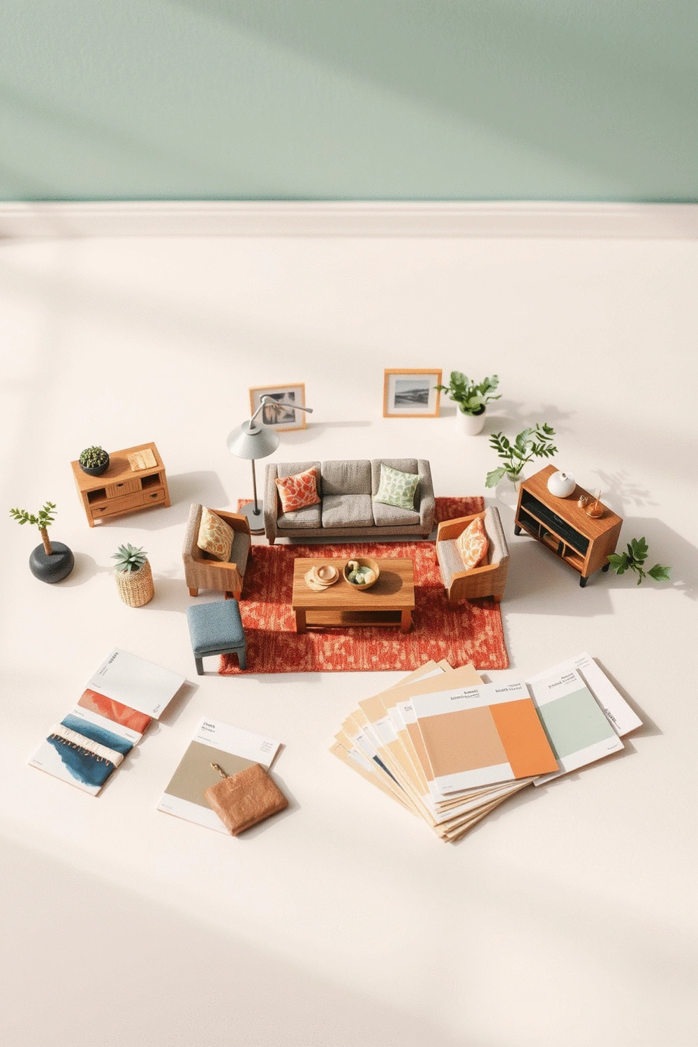 Stylized flat lay of living room design elements including miniature furniture, fabric swatches, and color palette cards on a clean, light-colored surface.