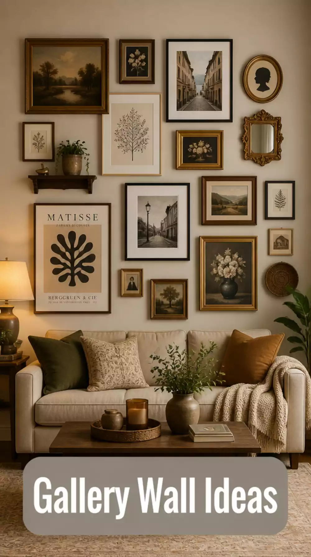 Gallery Wall in a Living Room Using Mixed Art Sizes and Frame Finishes