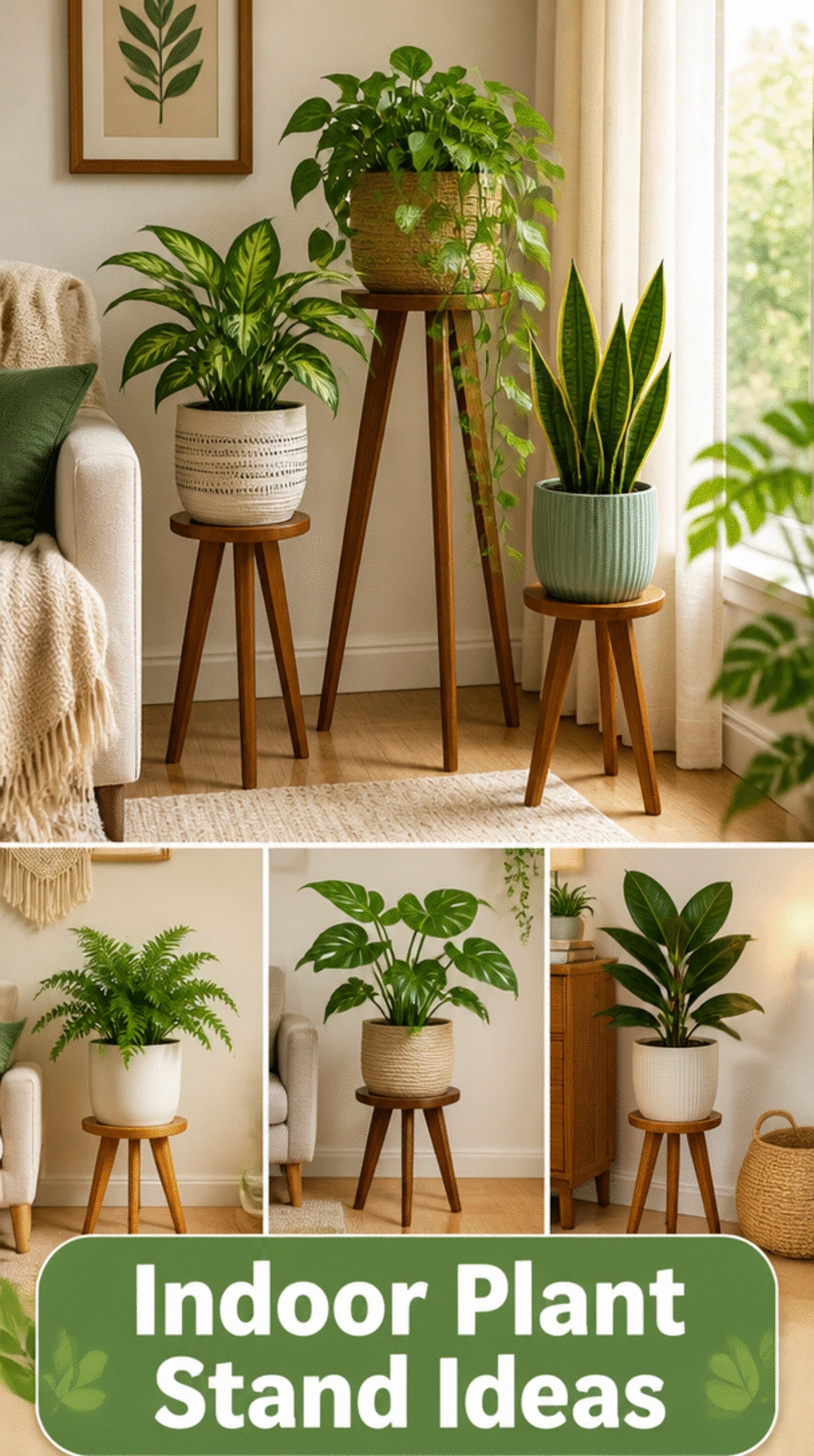 Living Room Indoor Plant on a Wooden Tripod Plant Stand