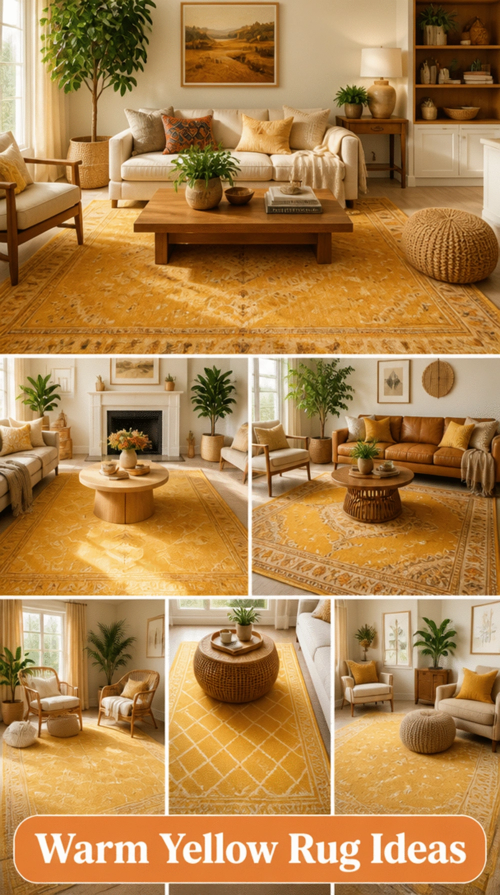 Living Room Ochre Yellow Rug That Adds a Warm Pop Under a Coffee Table