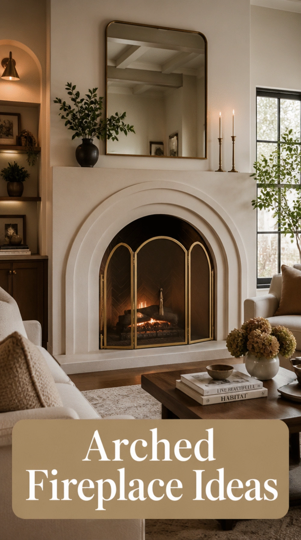 Living Room Arched Fireplace Opening with a Brushed Brass Fire Screen