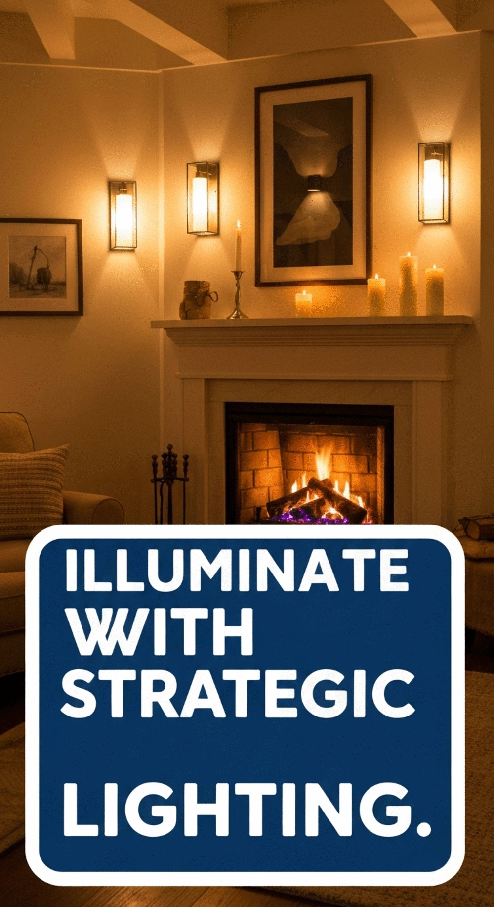 Cozy fireplace area beautifully lit with warm lighting and decor