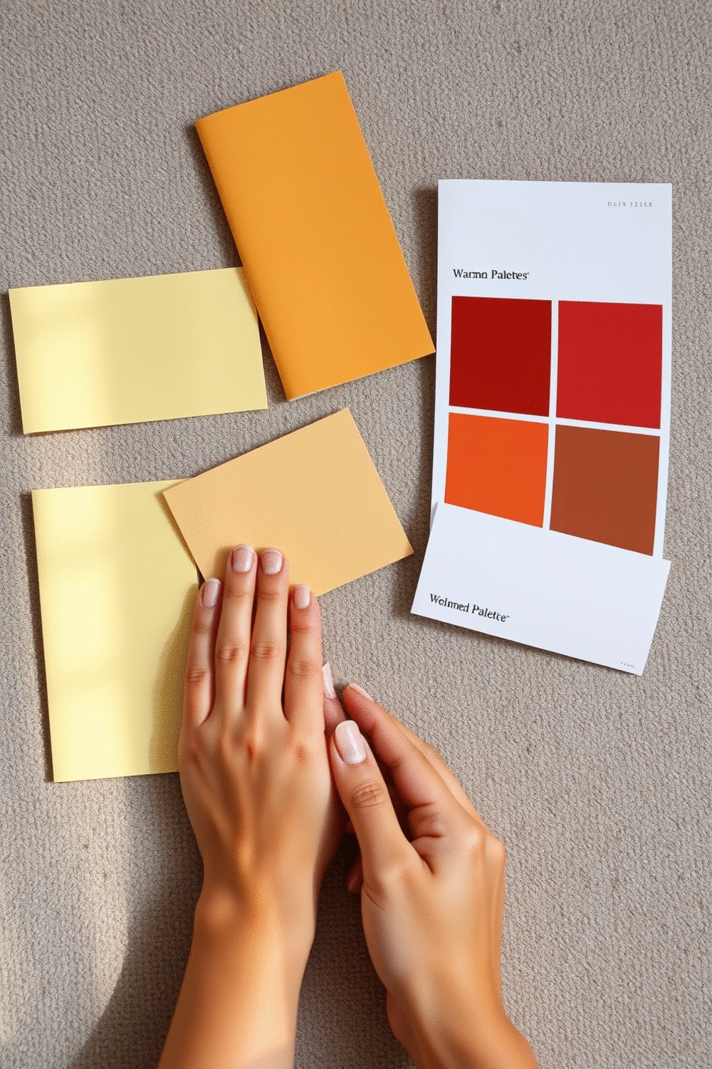 Warm color palette swatch with soft yellows, rich reds, and earthy tones