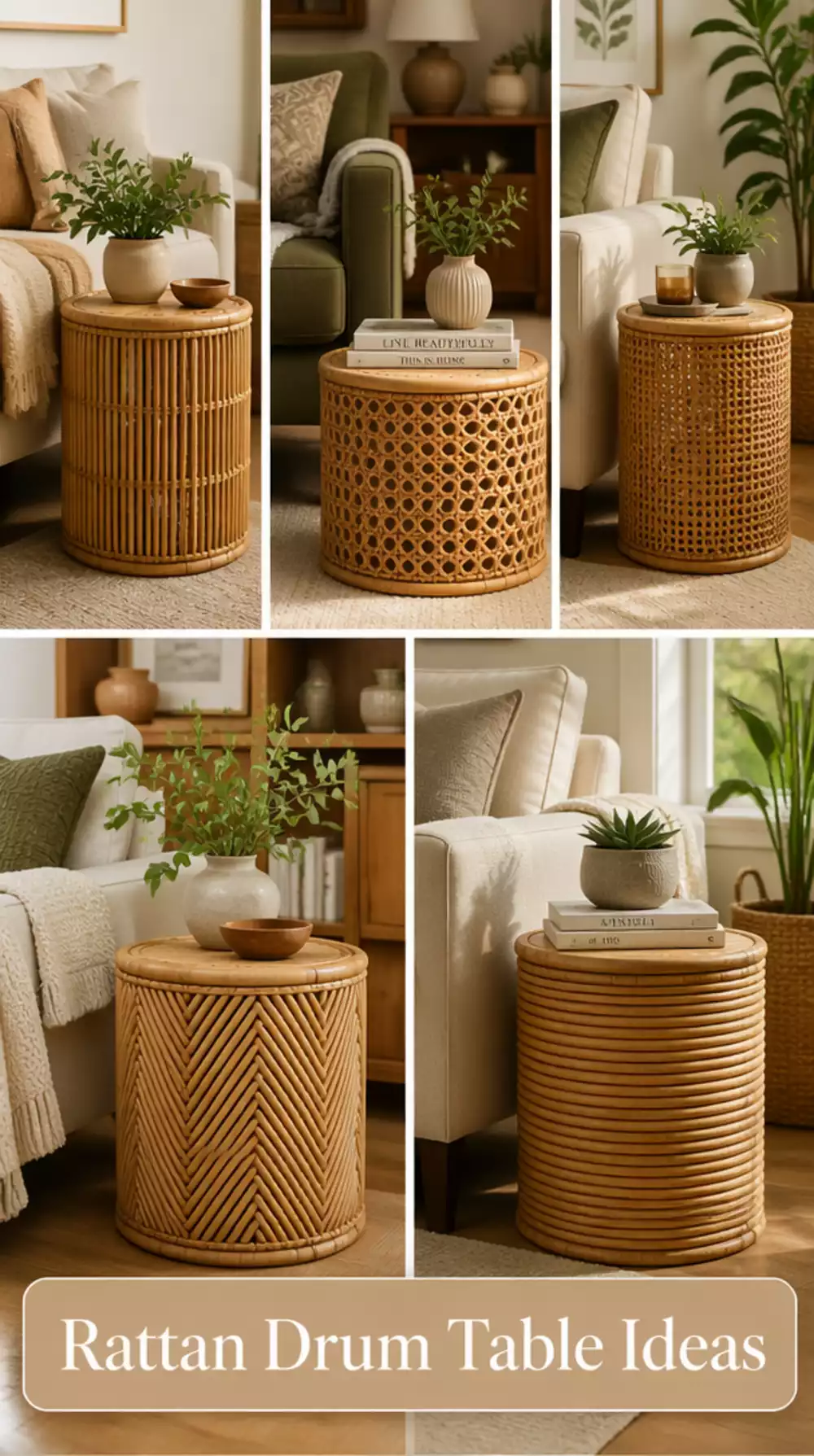 Living Room Rattan Drum Side Table That Adds Texture Beside a Sofa