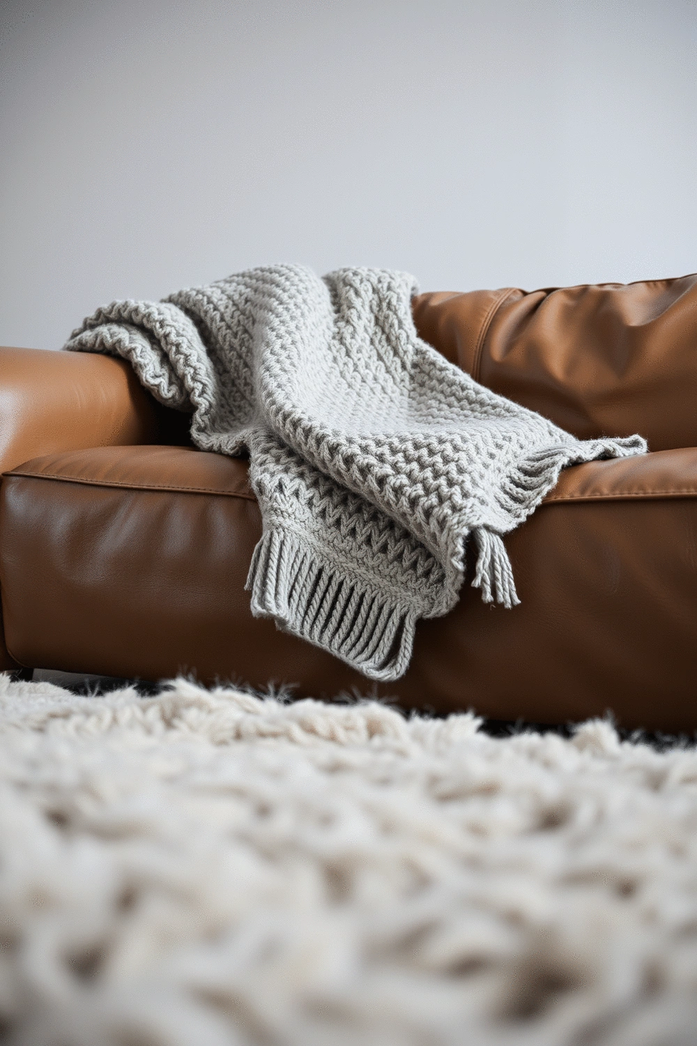 Close-up of layered textures in a minimalist living room, showing a chunky knit throw, a smooth leather sofa, and a plush wool rug, with soft, diffused lighting.