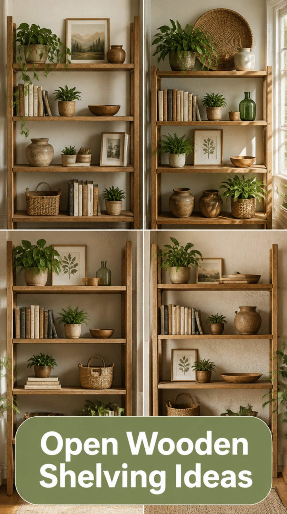 Farmhouse Living Room Open Wooden Shelving with Books and Greenery