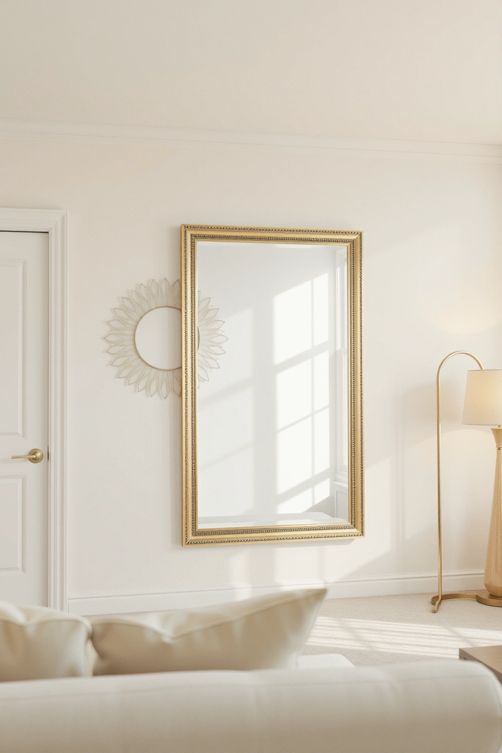 Bright, airy living room painted in a soft pastel shade, featuring a large decorative mirror reflecting natural light, and a stylish floor lamp providing ambient lighting.