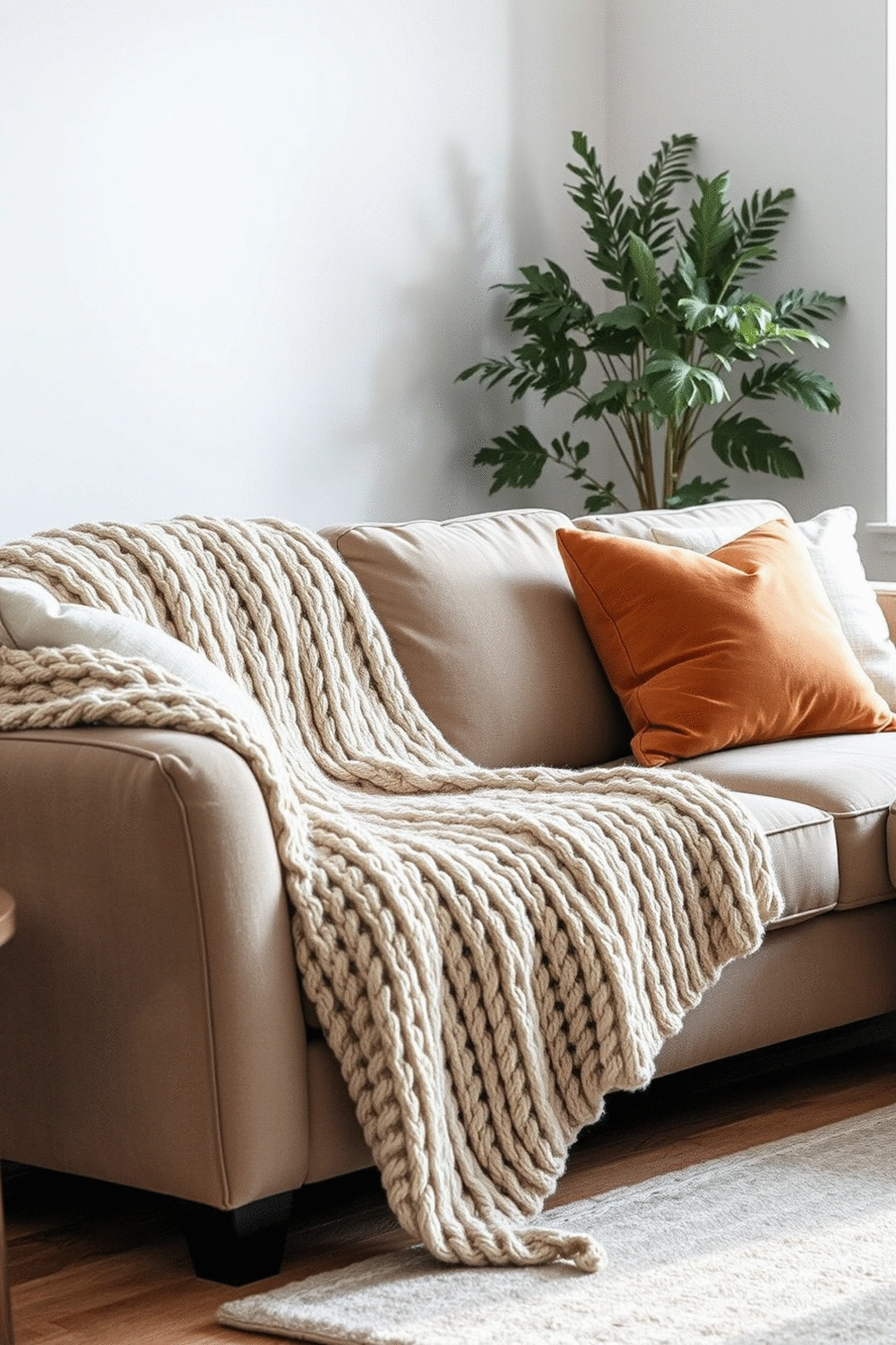 A cozy living room setting with a plush sofa, a chunky knit throw blanket, and velvet pillows, showcasing layered textures and a warm color palette.