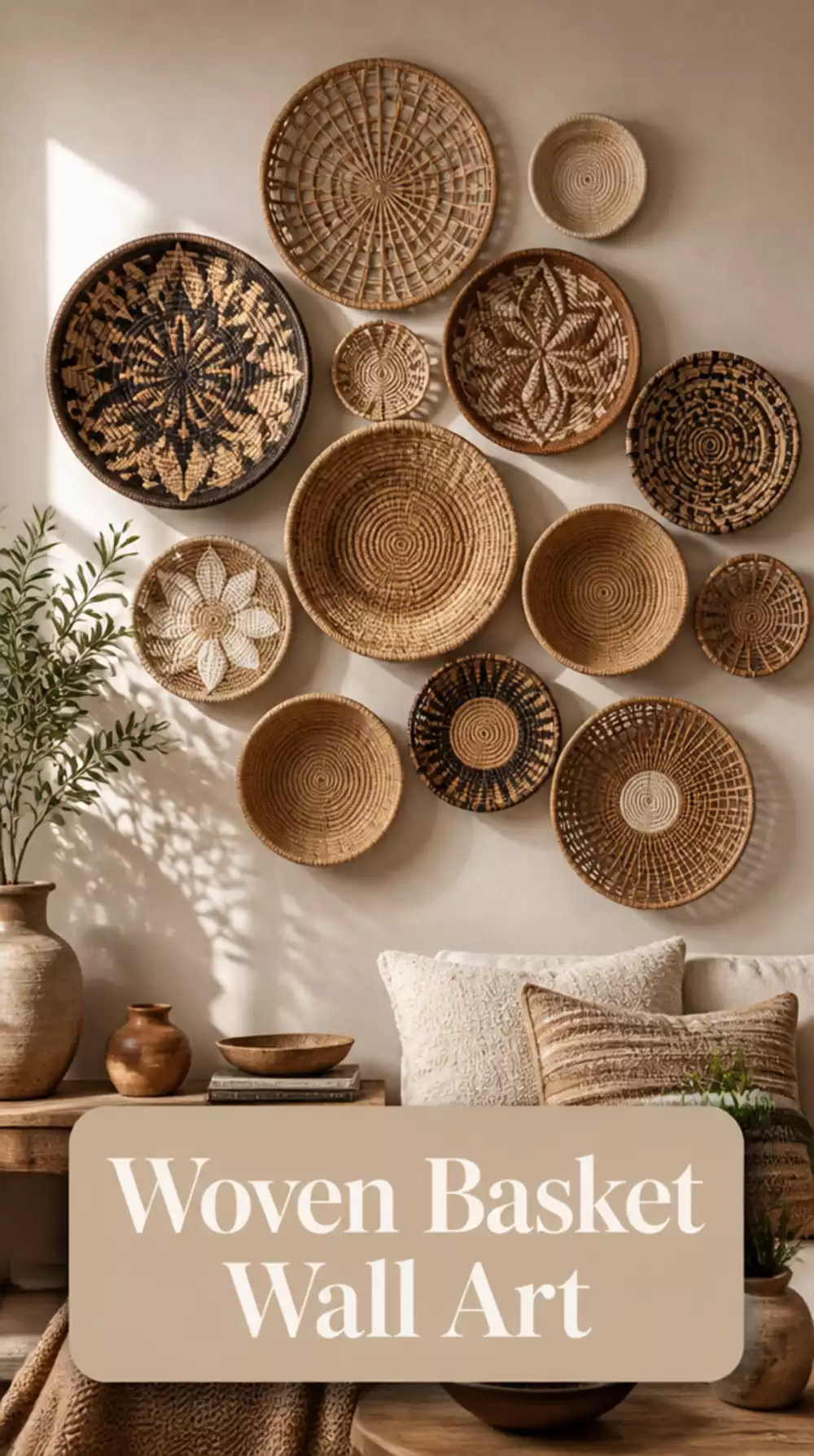 Living Room Woven Seagrass Wall Basket Cluster as Textural Wall Art