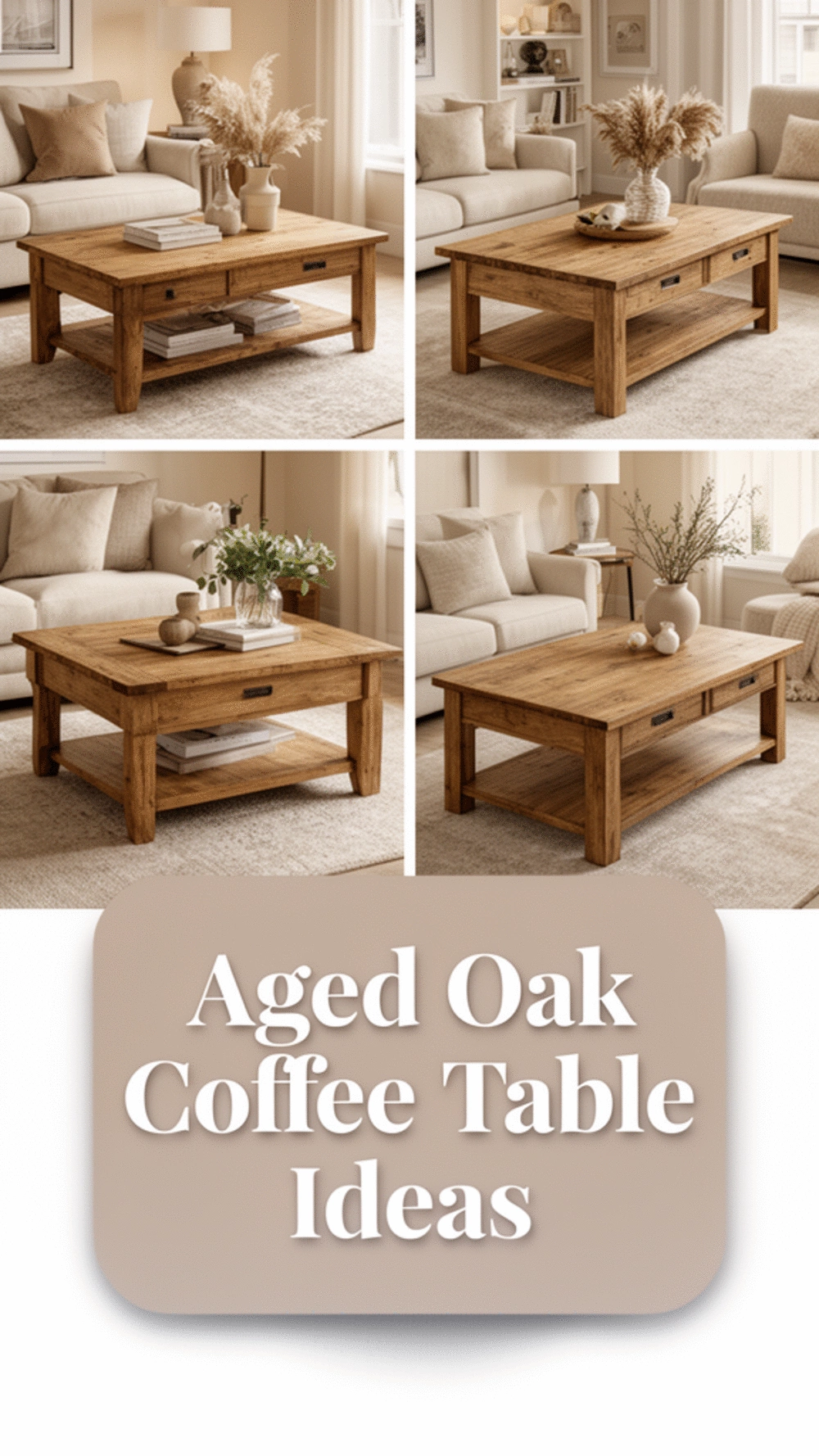 Aged Oak Coffee Table That Anchors a Warm Neutral Living Room