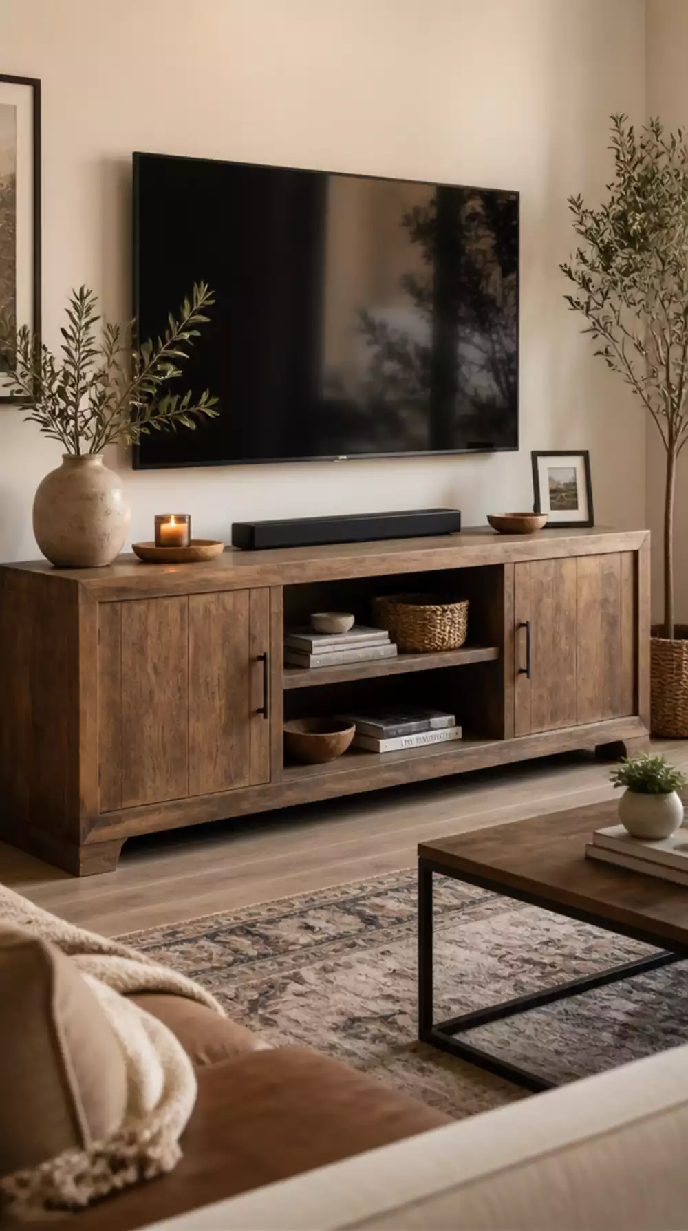 Warm Wood Media Console That Grounds a Modern Living Room