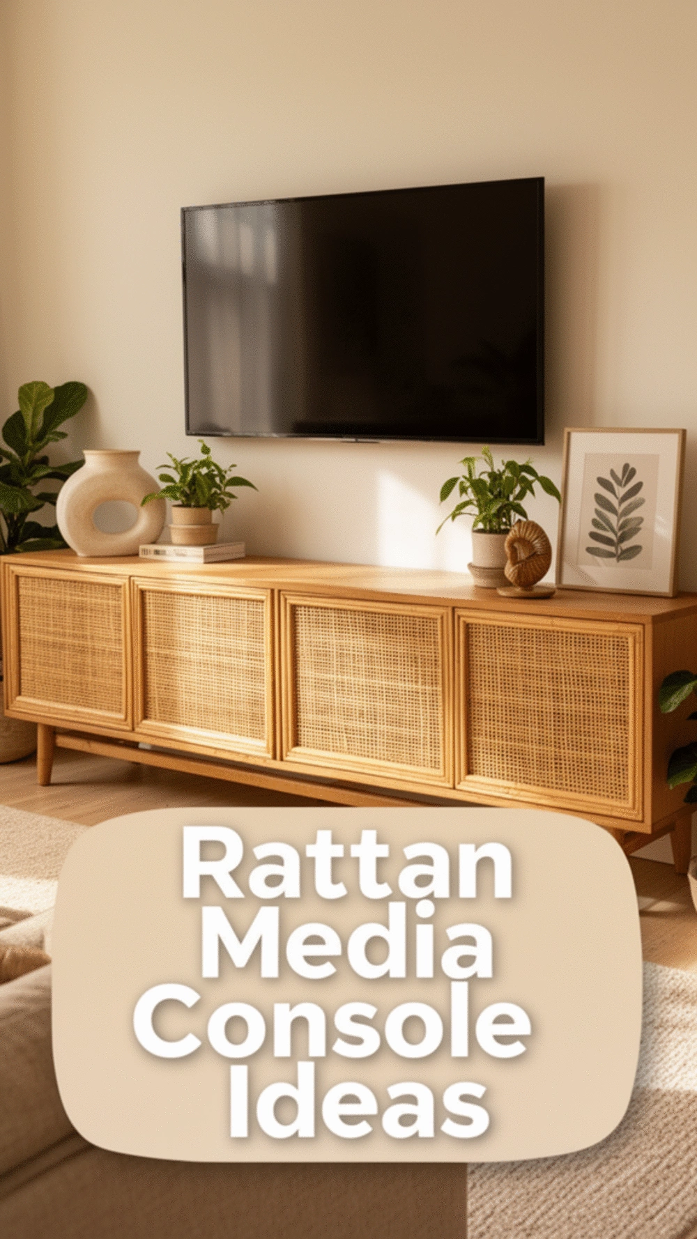 Living Room Rattan-Front Media Console That Hides Cables Behind Woven Doors