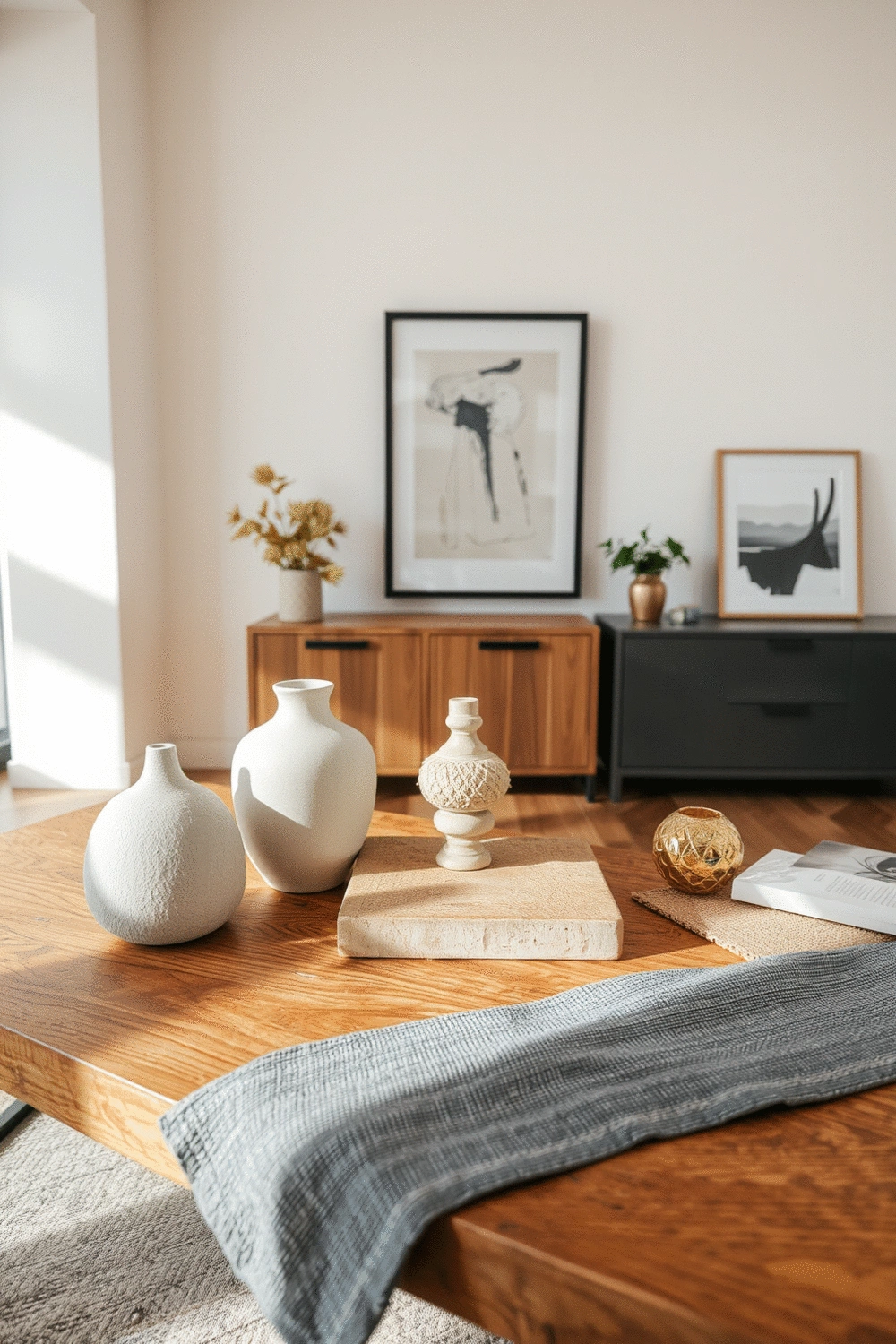 A collection of unique decorative statement pieces on a console table in an open-concept living room, reflecting personal style