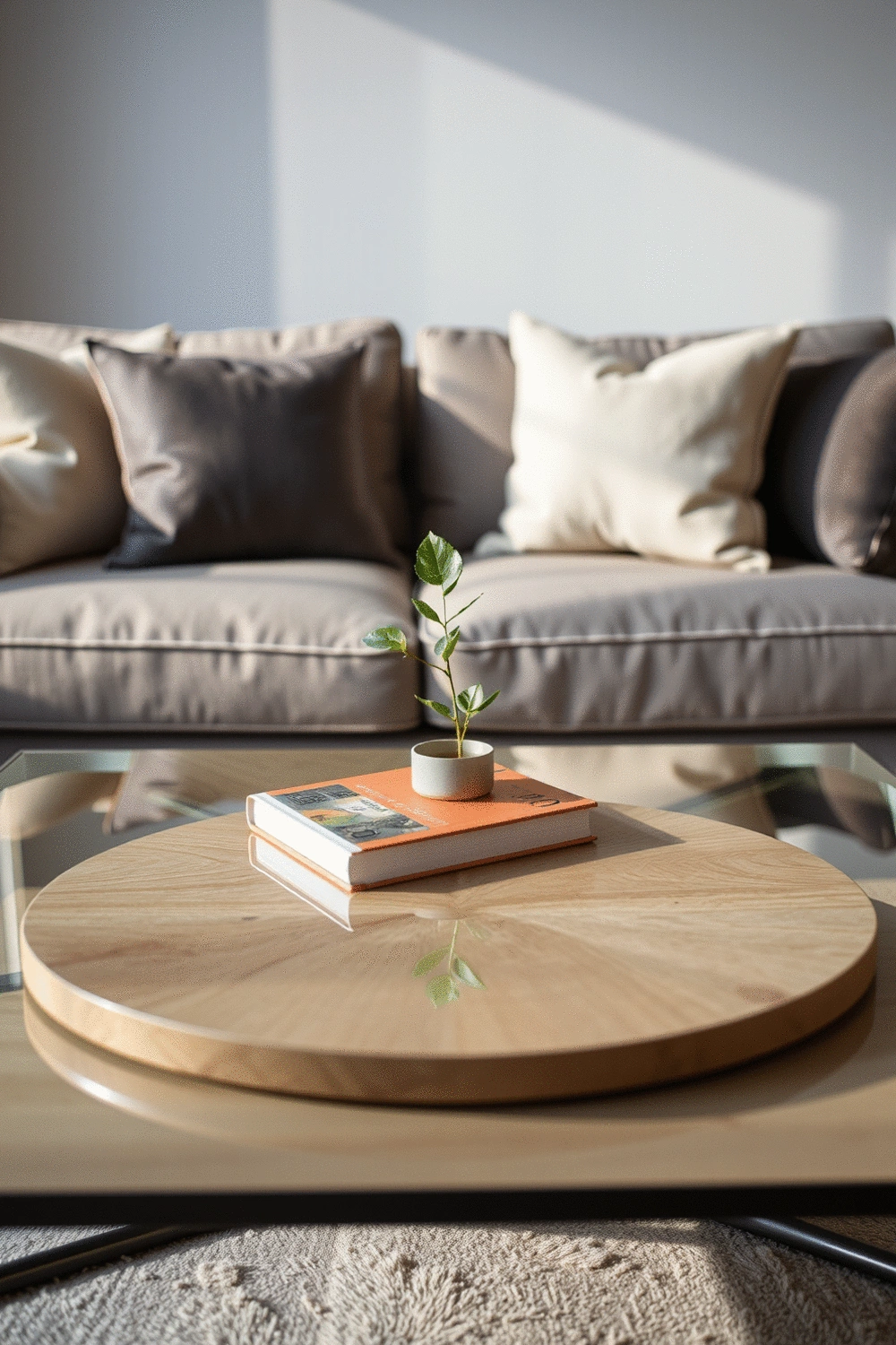 A stylish coffee table with decorative items like a book and a small plant, showcasing ideal height alignment with sofa cushions.