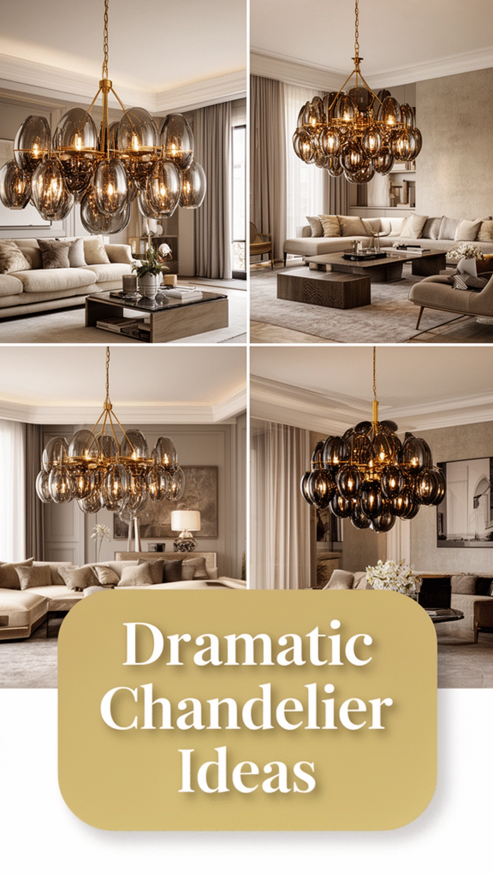 Living Room Dramatic Chandelier in Smoked Glass and Brushed Brass