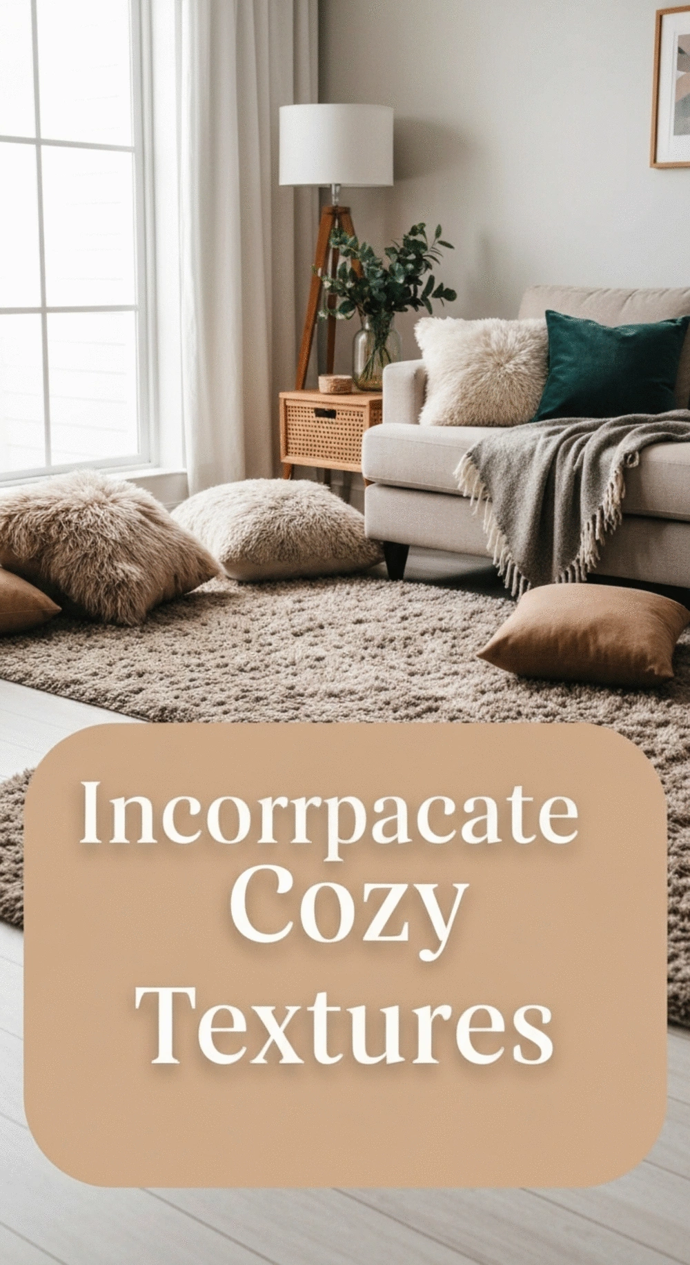 A cozy living room featuring soft textures like plush rugs and cushions, inviting relaxation.