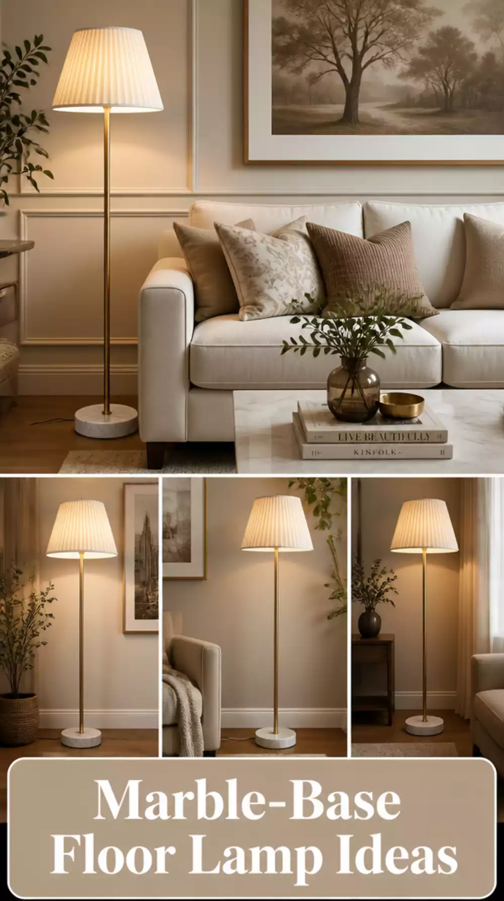 Marble-Base Living Room Floor Lamp with a Pleated White Shade