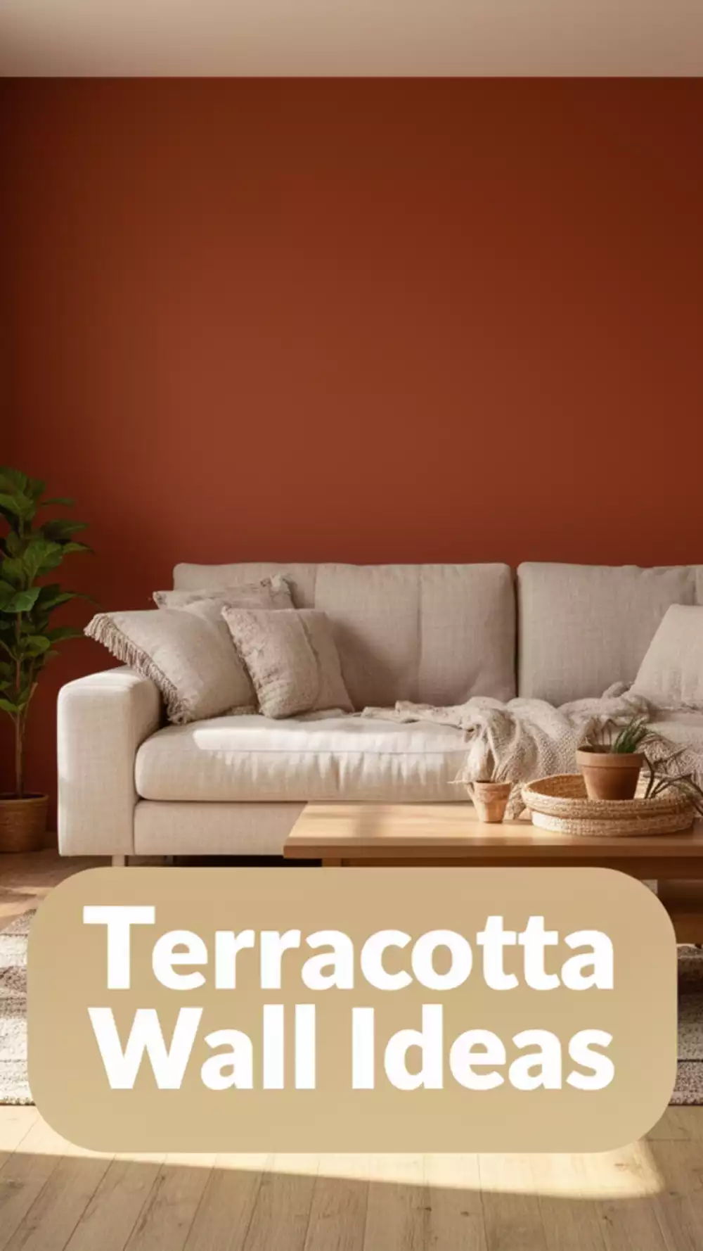 Deep Terracotta Living Room Accent Wall Behind a Neutral Sofa