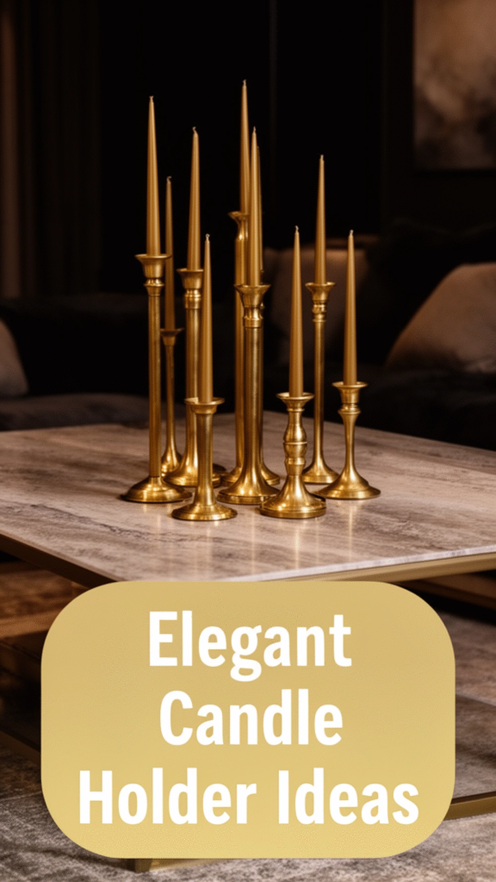 Dark Living Room Brass Candlestick Cluster on a Styled Coffee Table