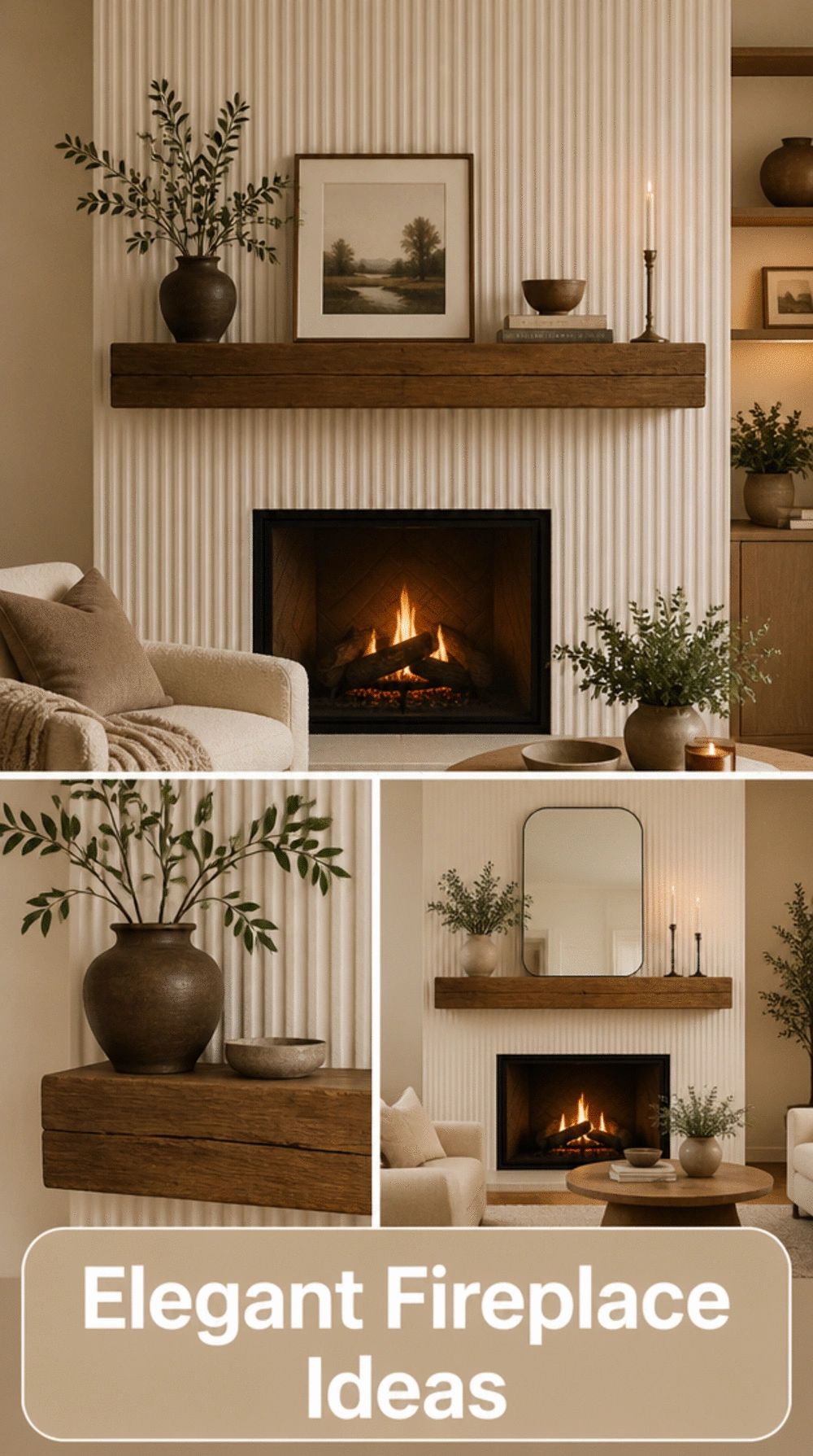 Fireplace Living Room Ribbed Plaster Mantel Wall in Warm White