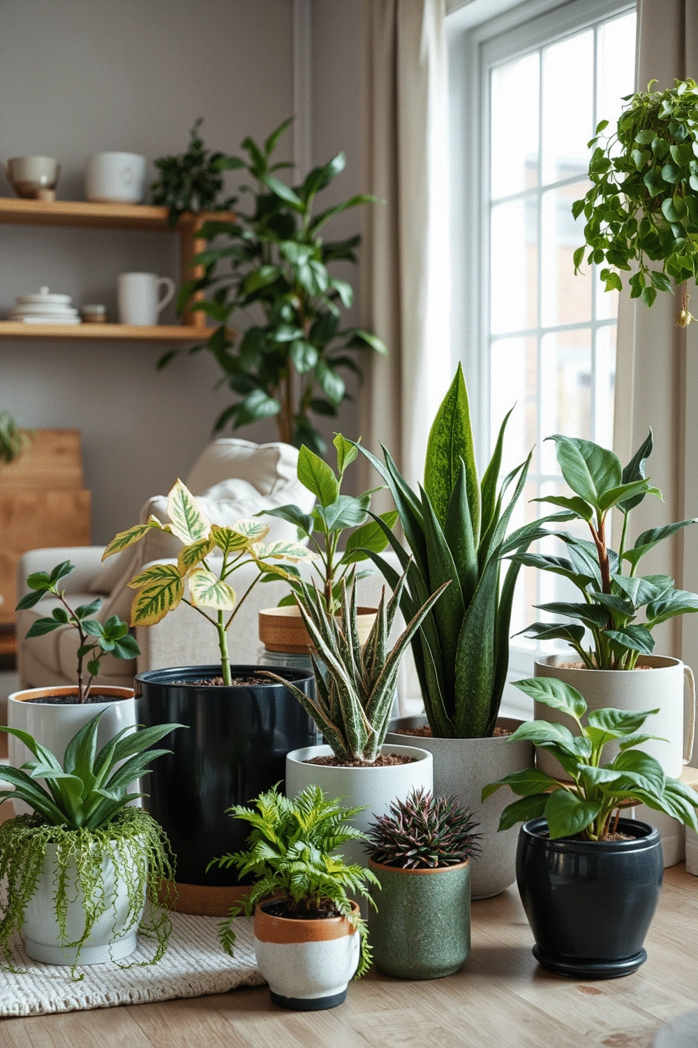 A collection of various indoor plants in decorative pots arranged in a cozy living room setting, soft natural light, no text, no words, no typography, no labels, clean image, no humans, no people, no hands, no body parts
