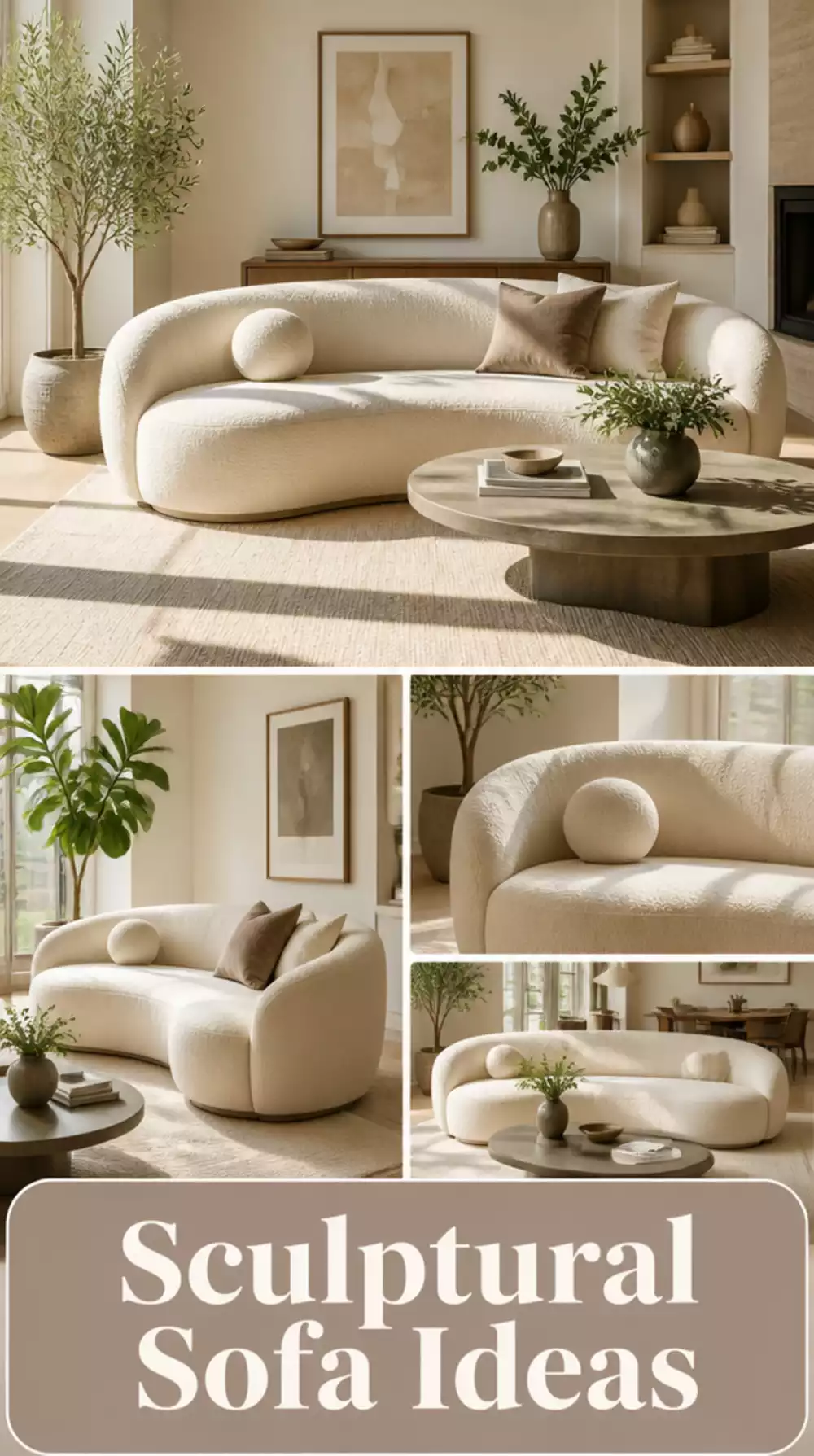 Curved Living Room Sofa in Warm Ivory Bouclé for a Sculptural Look