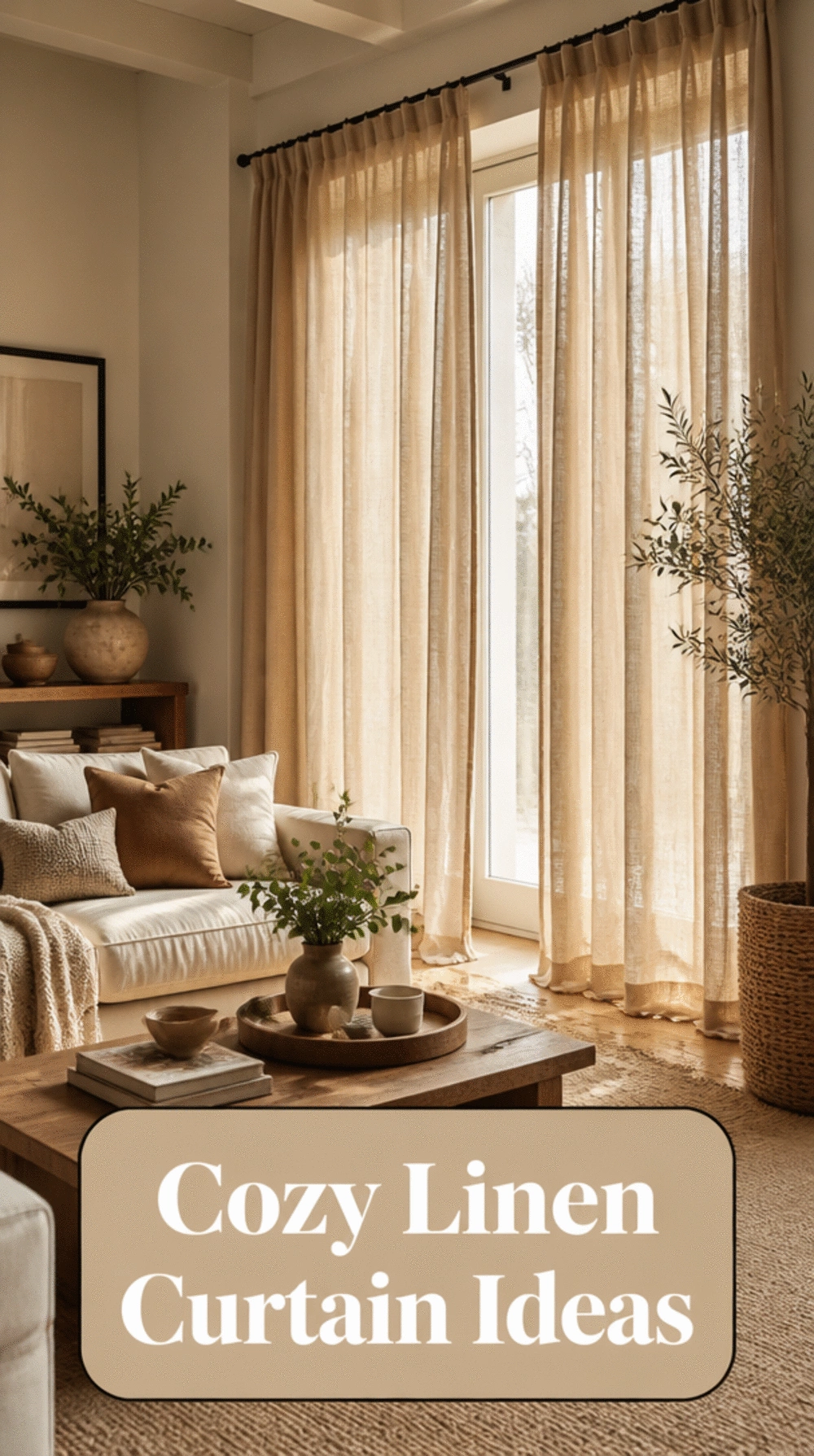 Living Room Floor-to-Ceiling Linen Curtains in a Warm Natural Tone