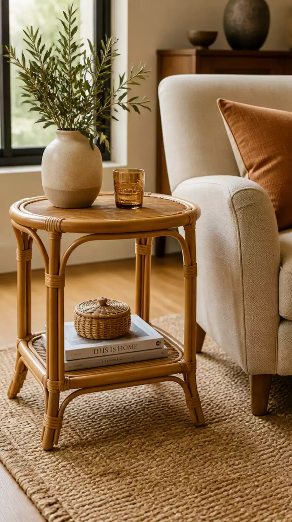Rattan Living Room Side Table with a Woven Lower Storage Shelf