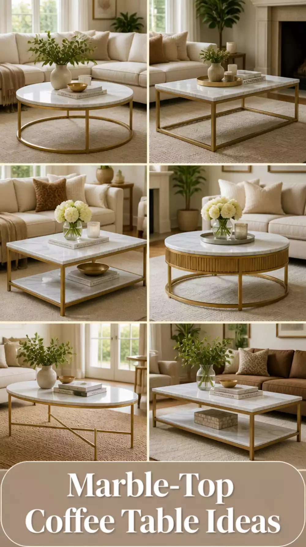 Living Room Marble-Top Coffee Table with a Thin Brushed Gold Frame
