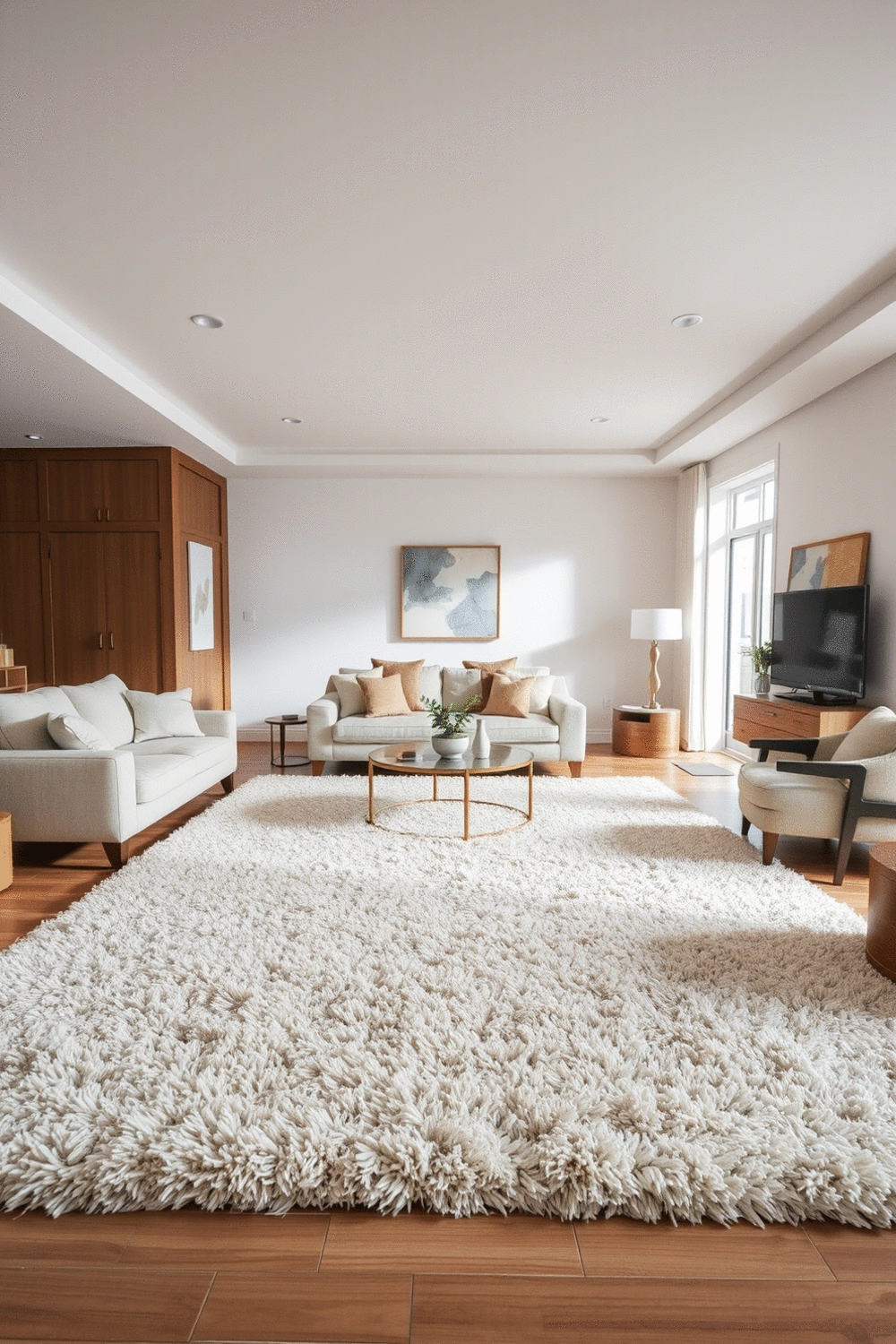 Stylized open-concept living room with a large area rug defining a seating zone, soft lighting, and comfortable furniture