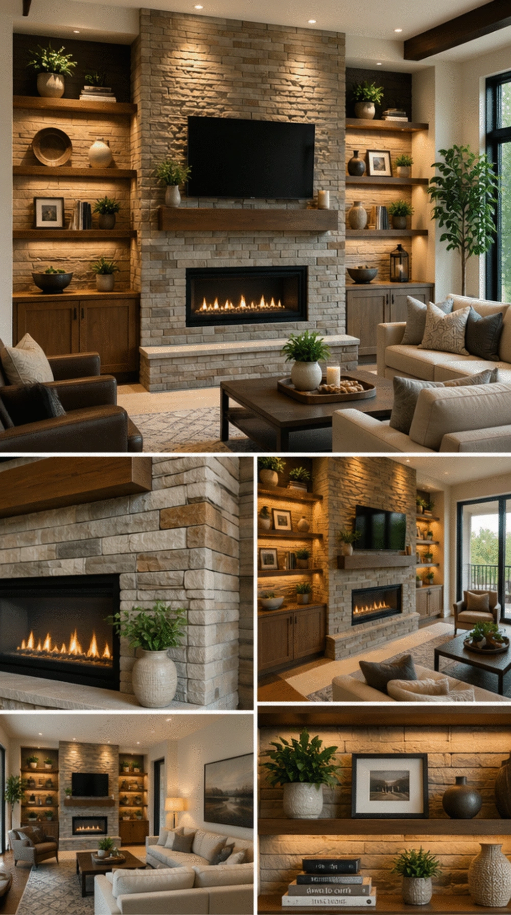 Living Room Stacked Stone Fireplace Wall with Built-In Shelving