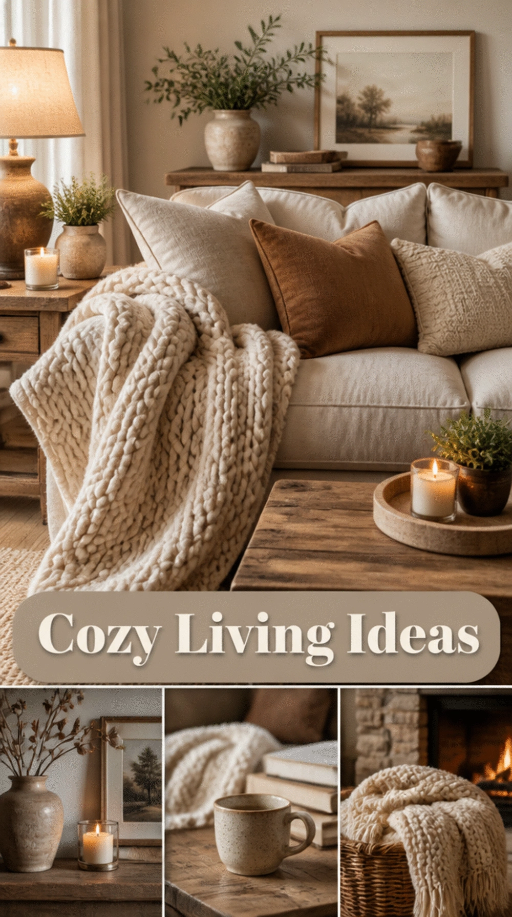 Farmhouse Living Room Neutral Linen Sofa with a Chunky Knit Throw