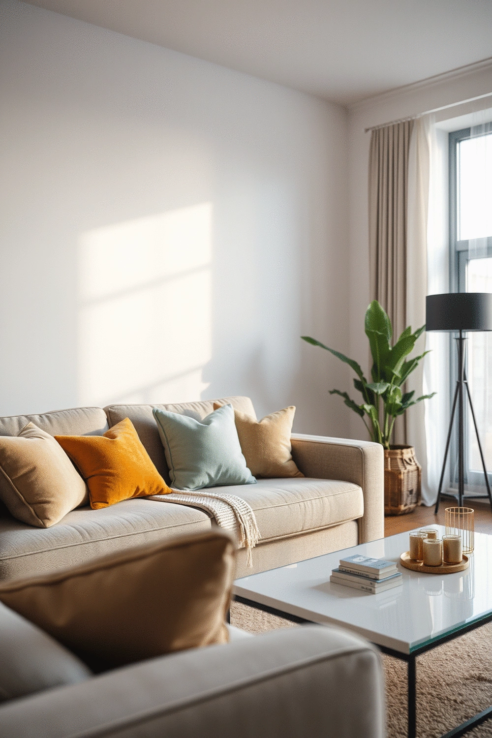 Stylishly arranged living room interior with warm lighting and comfortable furniture