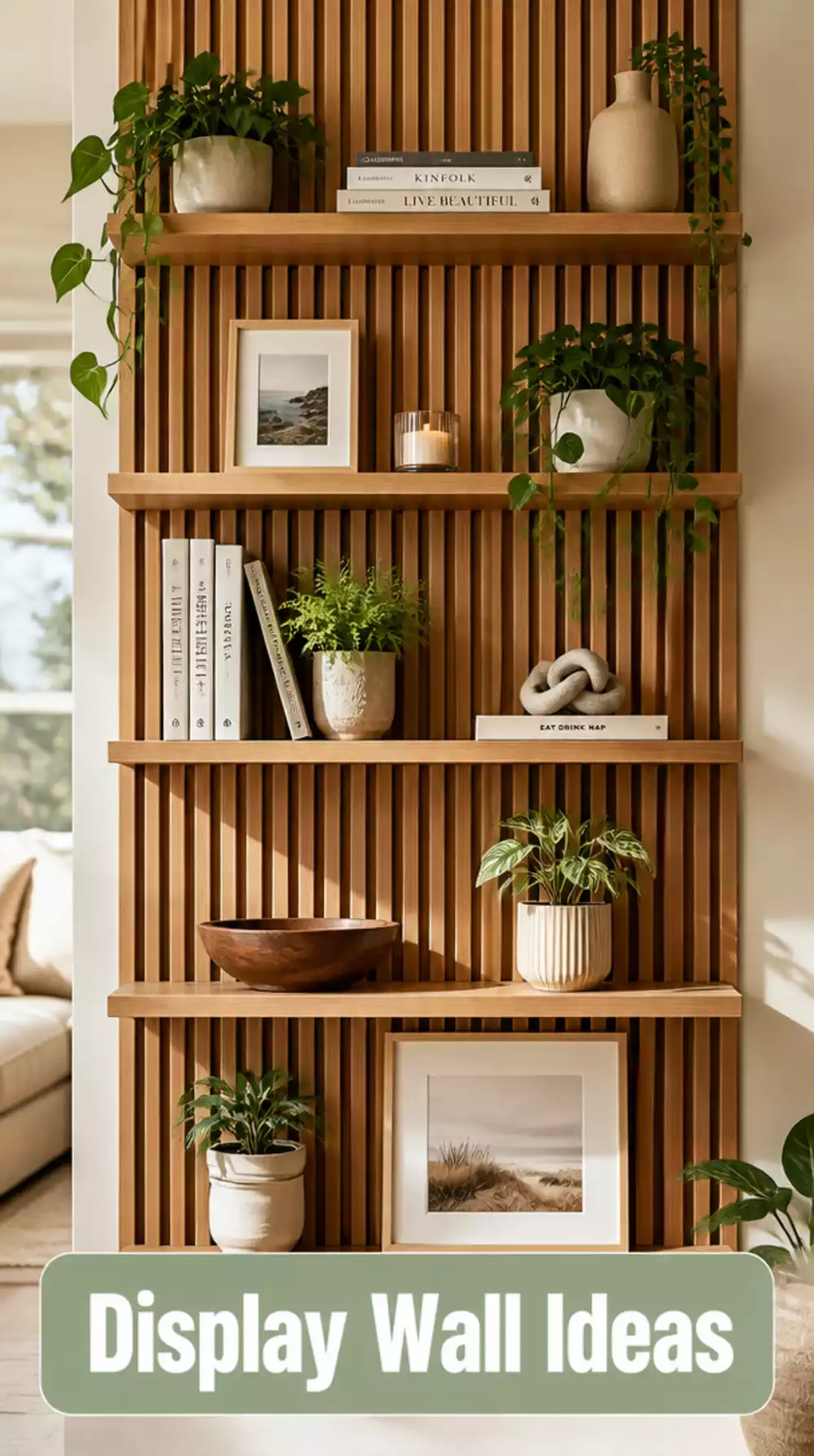 The Small Living Room Wood Slat Shelf That Doubles as a Display Wall