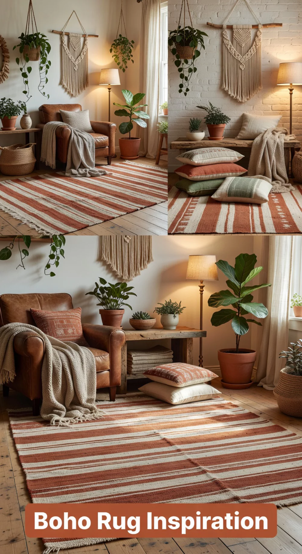 Boho Living Room Woven Cotton Rug in Rust and Natural Stripe