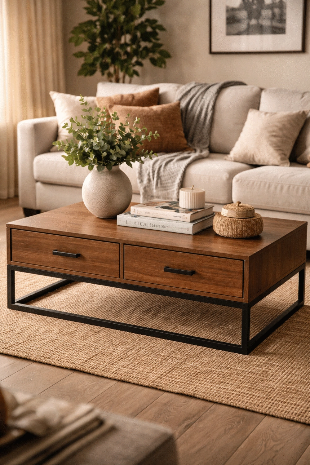 Living Room Coffee Table with Two Lower Drawers for Hidden Clutter Storage