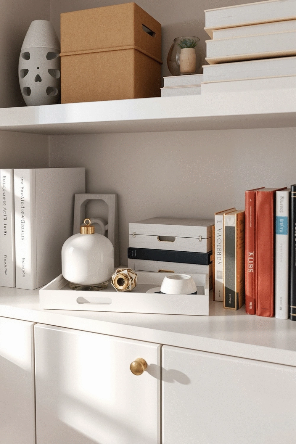 Organized shelf with decorative trays holding small items, stylish storage boxes, and stacked books, demonstrating functional decor for long-term maintenance. Natural light, cozy aesthetic.