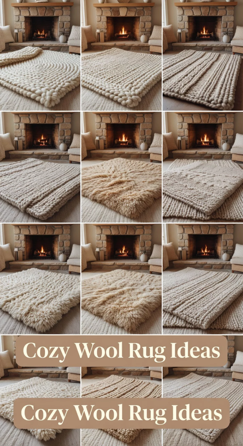 Farmhouse Living Room Chunky Wool Rug in Front of an Open Fire
