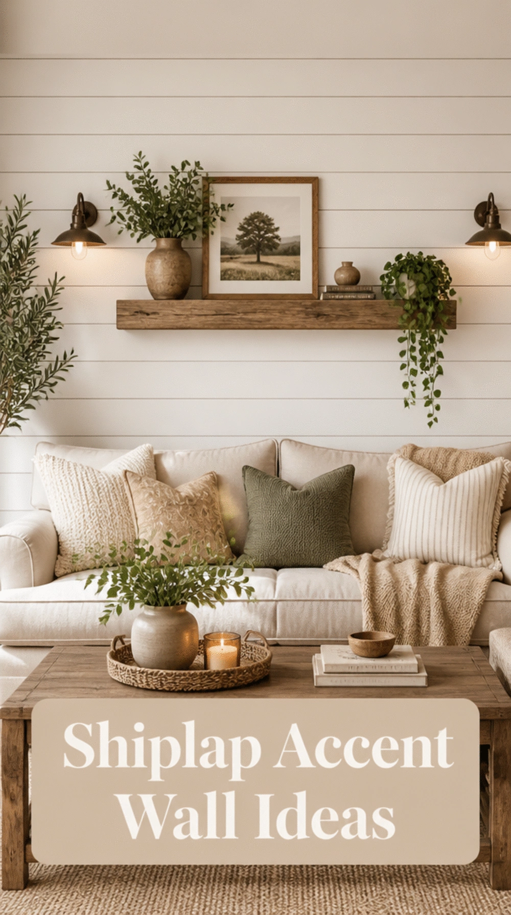 Shiplap Living Room Accent Wall in Warm White Behind a Sofa