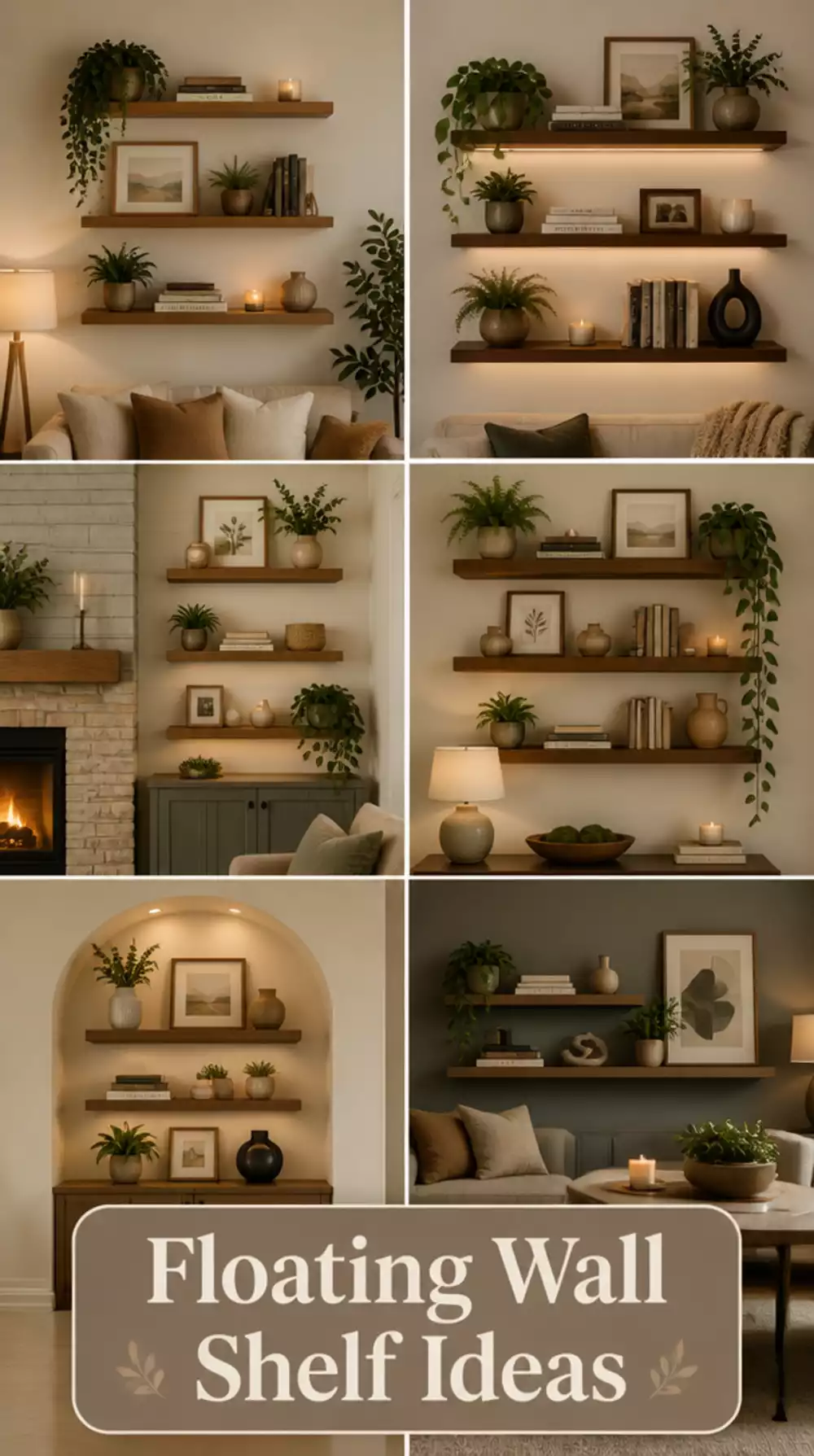Living Room Floating Wall Shelves with Curated Books and Decor