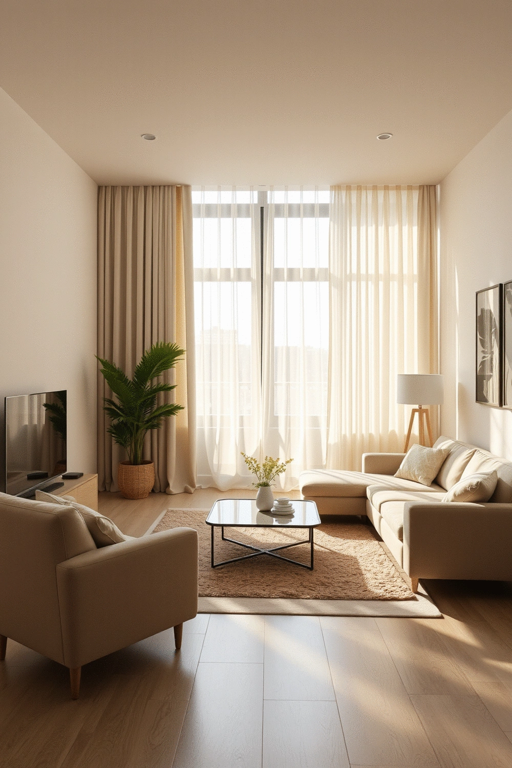 Modern living room interior with sunlight filtering through sheer curtains, soft furnishings, and a feeling of calm and warmth.