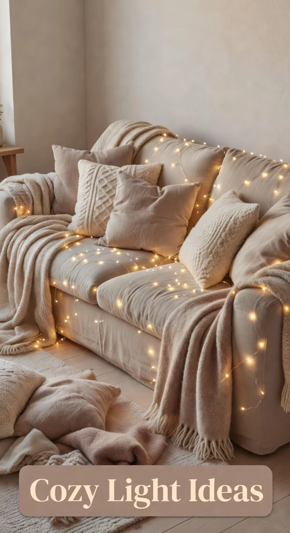 Fairy Light Curtain Draped Behind a Living Room Sofa for Warm Glow