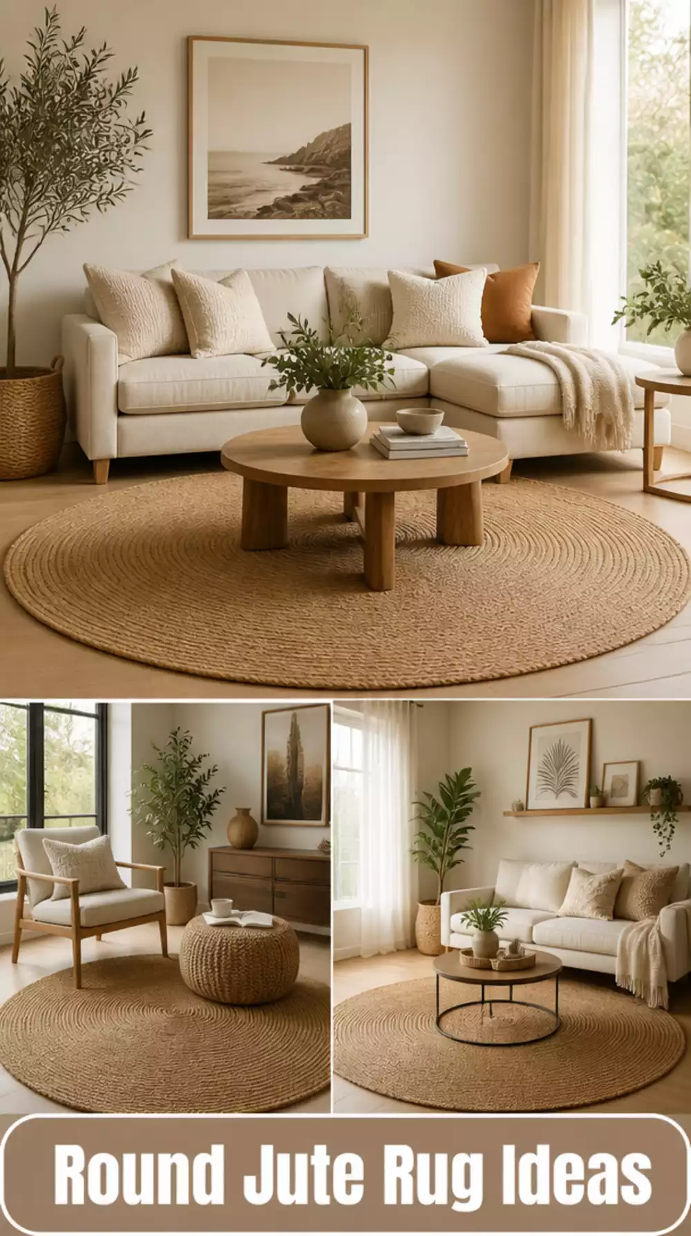 Living Room Round Jute Rug Under a Coffee Table in a Minimal Setting