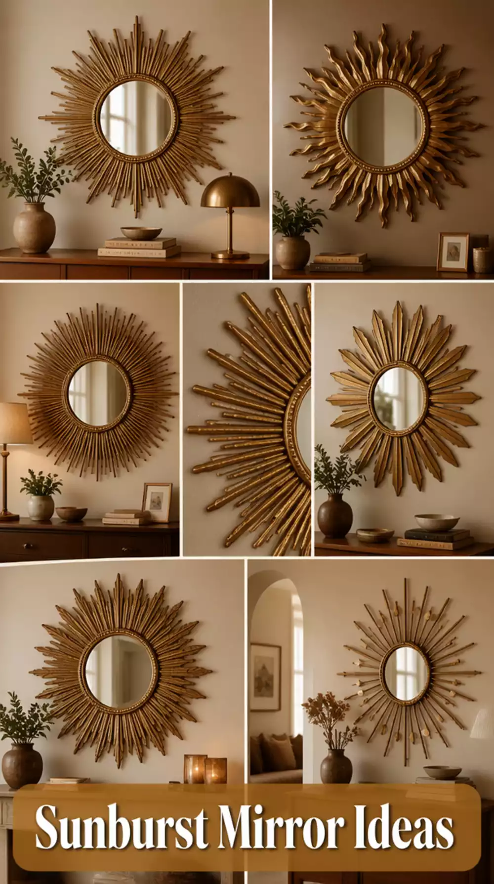 Living Room Sunburst Wall Mirror in Antique Brass as a Retro Focal Point