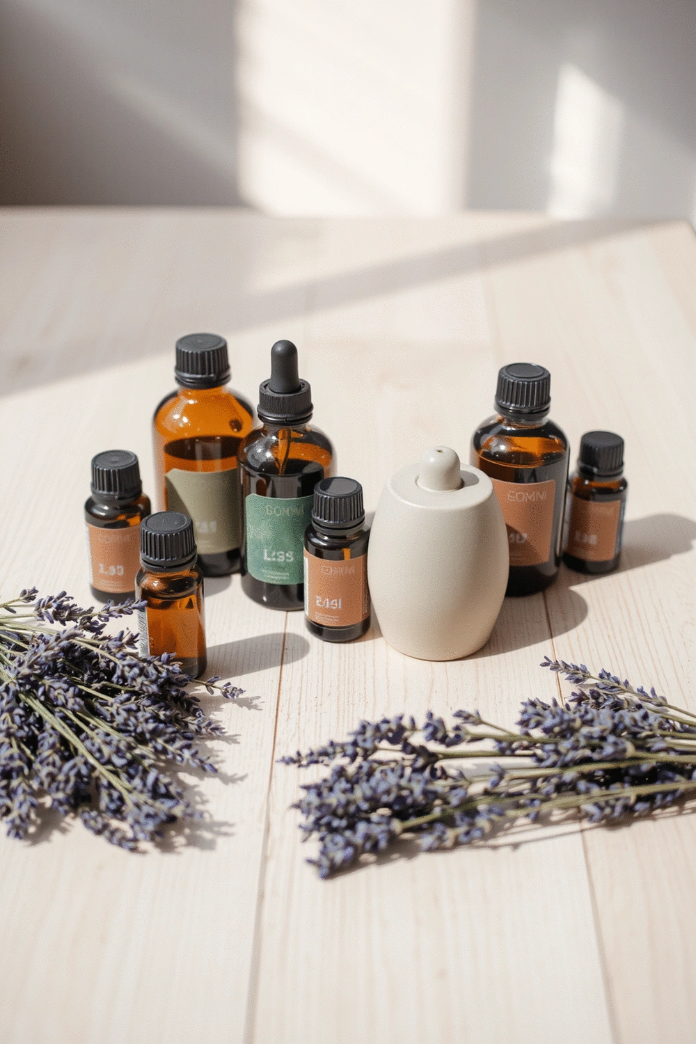 Still life arrangement of various essential oil bottles, dried lavender, and a ceramic diffuser on a light-colored wooden surface.