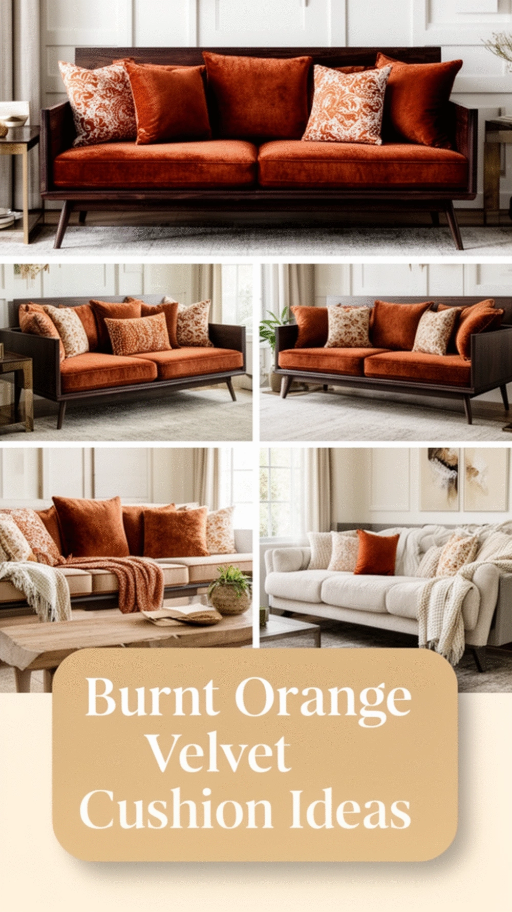 Burnt Orange Living Room Velvet Cushions on a Dark Walnut Sofa