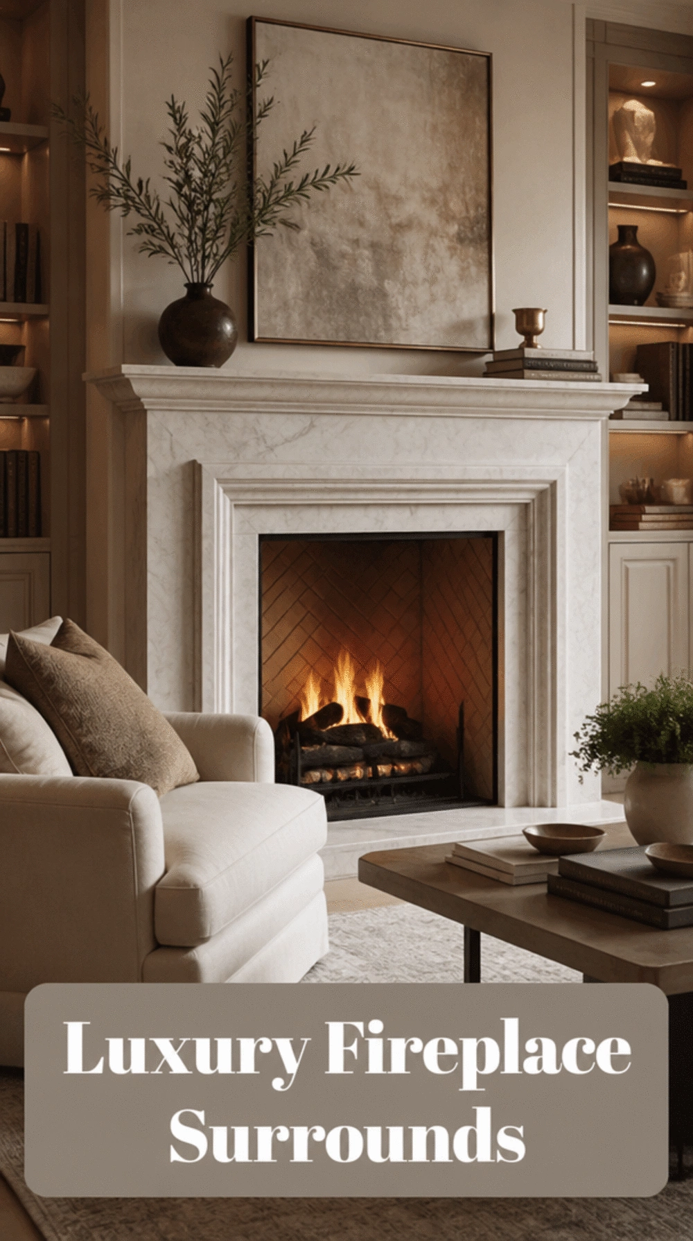 Luxury Living Room Marble Fireplace Surround with a Deep Mantel Shelf